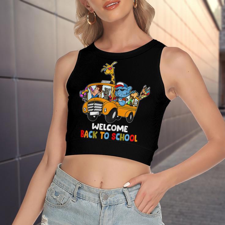 Welcome Back To School Zoo Animal Bus 477 Shirt Women's Sleeveless Bow Backless Hollow Crop Top