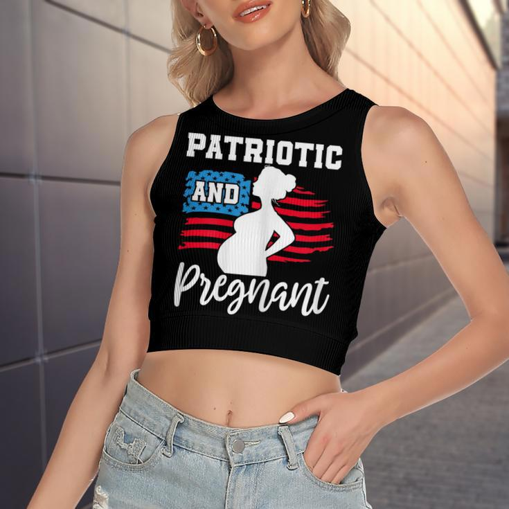 Womens Patriotic And Pregnant Baby Reveal 4Th Of July Pregnancy Women's Sleeveless Bow Backless Hollow Crop Top