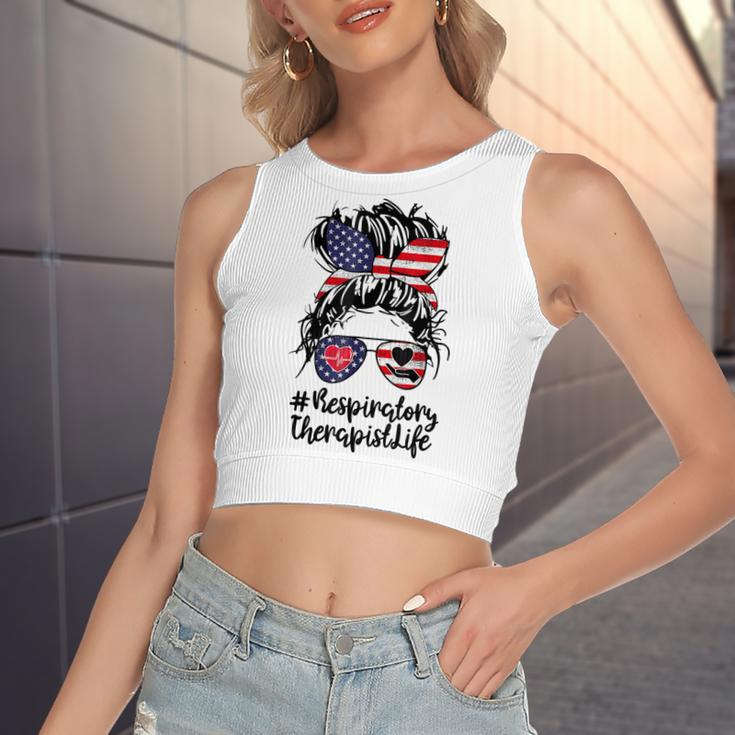 4Th Of July Respiratory Therapist Messy Bun Hair Nurse Funny Women's Sleeveless Bow Backless Hollow Crop Top
