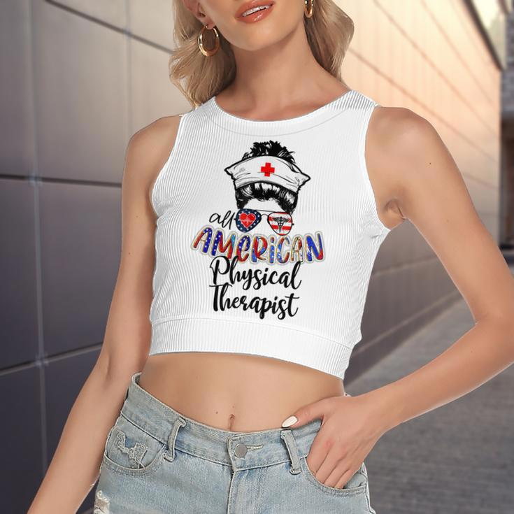All American Nurse Messy Buns 4Th Of July Physical Therapist Women's Sleeveless Bow Backless Hollow Crop Top