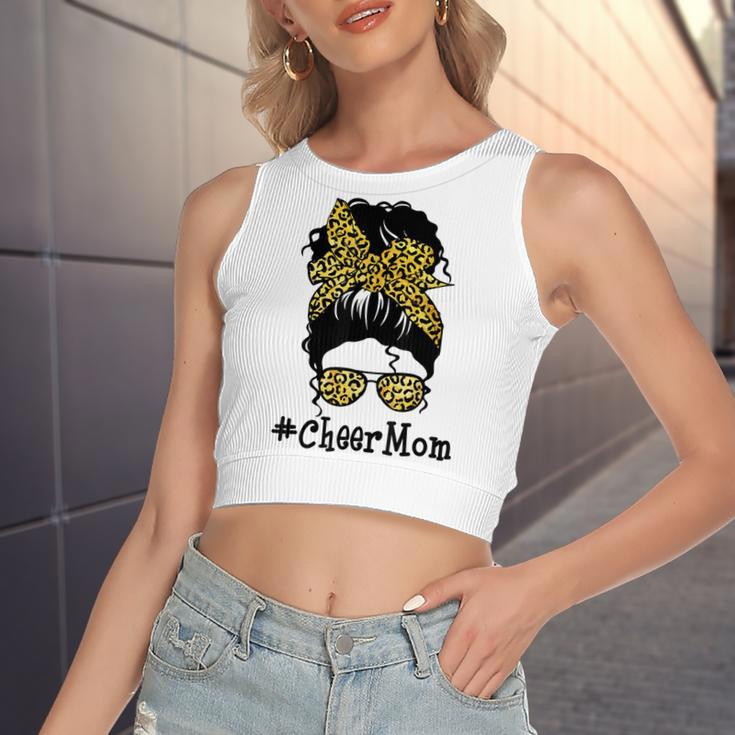 Cheer Mom Leopard Messy Bun Cheerleader Funny Mothers Day V2 Women's Sleeveless Bow Backless Hollow Crop Top