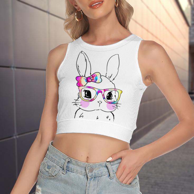 Cute Bunny Rabbit Face Tie Dye Glasses Girl Happy Easter Day Women's Sleeveless Bow Backless Hollow Crop Top