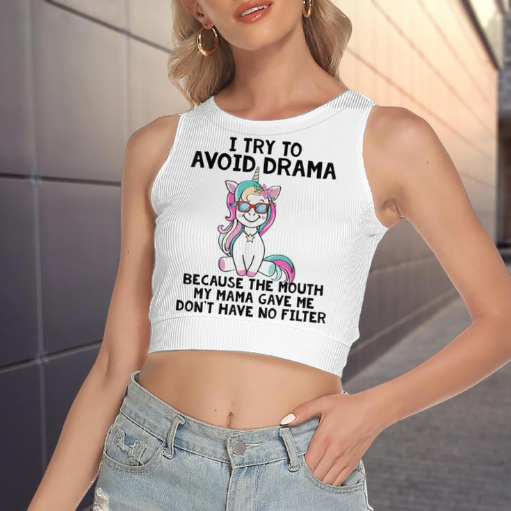 Funny Unicorns I Try To Avoid Drama Because The Mouth V2 Women's Sleeveless Bow Backless Hollow Crop Top