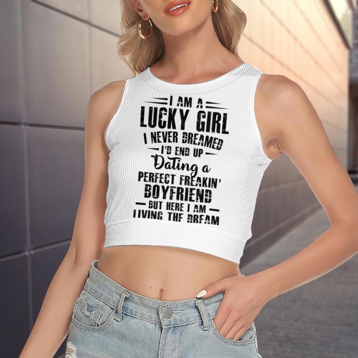 I Am A Lucky Girl I Never Dreamed Im End Up Dating A Perfect Freakin Women's Sleeveless Bow Backless Hollow Crop Top