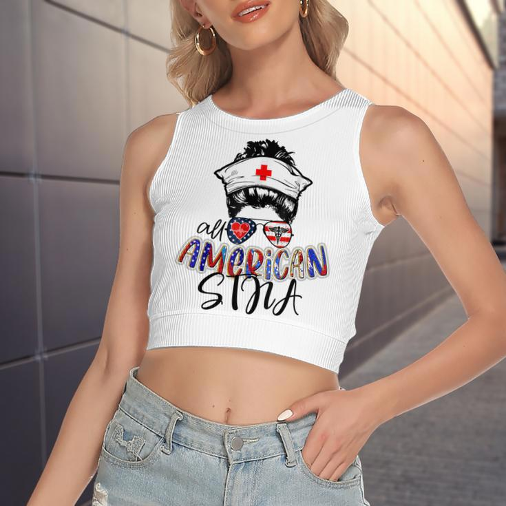 Stna All American Nurse Messy Buns Hair 4Th Of July Day Usa Women's Sleeveless Bow Backless Hollow Crop Top