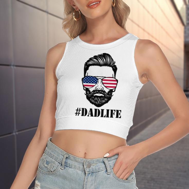 Womens Dad Life Sunglasses American Flag Fathers Day 4Th Of July Women's Sleeveless Bow Backless Hollow Crop Top