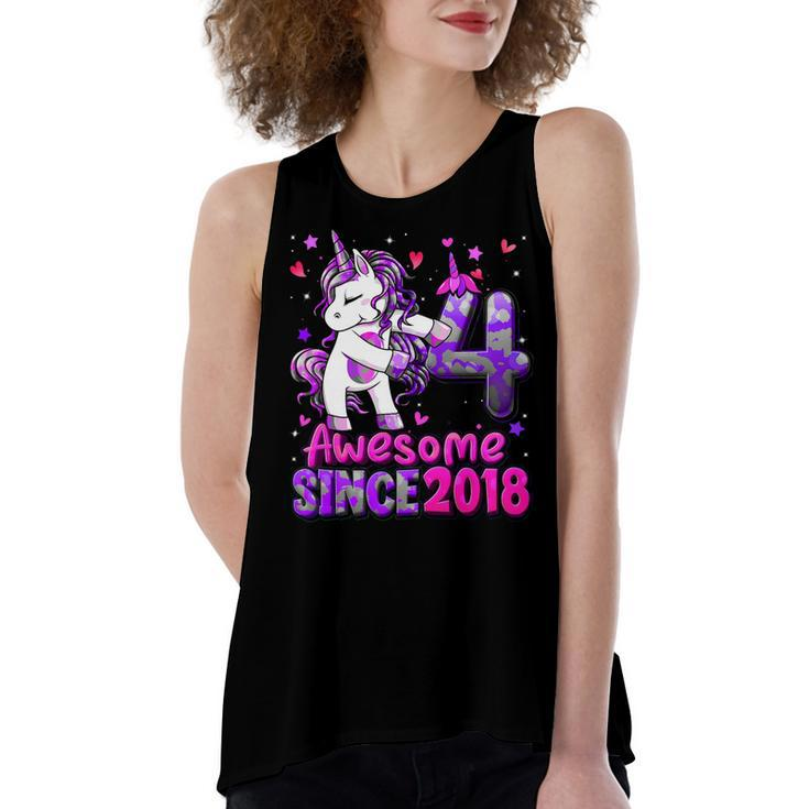 4 Years Old Unicorn Flossing 4Th Birthday Girl Unicorn Party T-Shirt Women's Loose Fit Open Back Split Tank Top