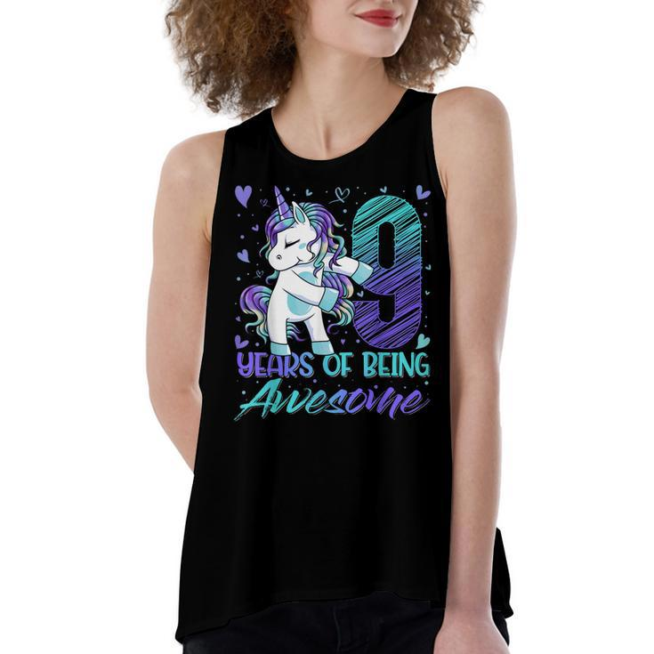 9Th Birthday  9 Year Old Girl Flossing Unicorn Party  Women's Loose Fit Open Back Split Tank Top