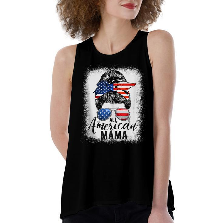All American Mama Proud Mom Messy Bun Patriotic 4Th Of July  Women's Loose Fit Open Back Split Tank Top