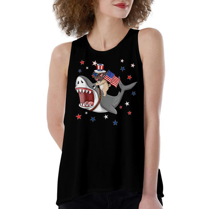 Funny Pug Shark 4Th Of July Dog Mom Dad Puppy Lover  Women's Loose Fit Open Back Split Tank Top