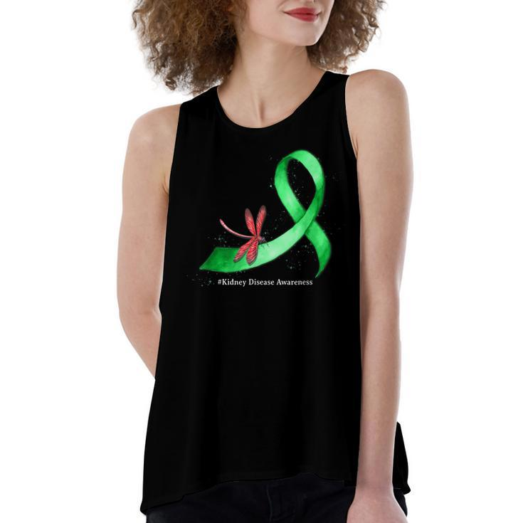 Hippie Dragonfly Green Ribbon Kidney Disease Awareness  Women's Loose Fit Open Back Split Tank Top
