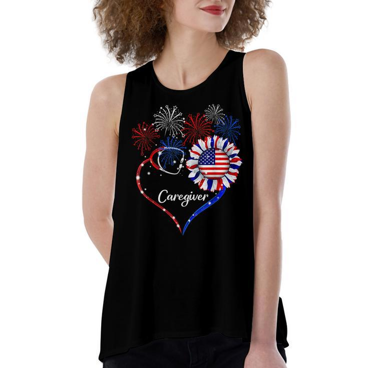Patriotic Caregiver Sunflower 4Th Of July American Flag Love  Women's Loose Fit Open Back Split Tank Top