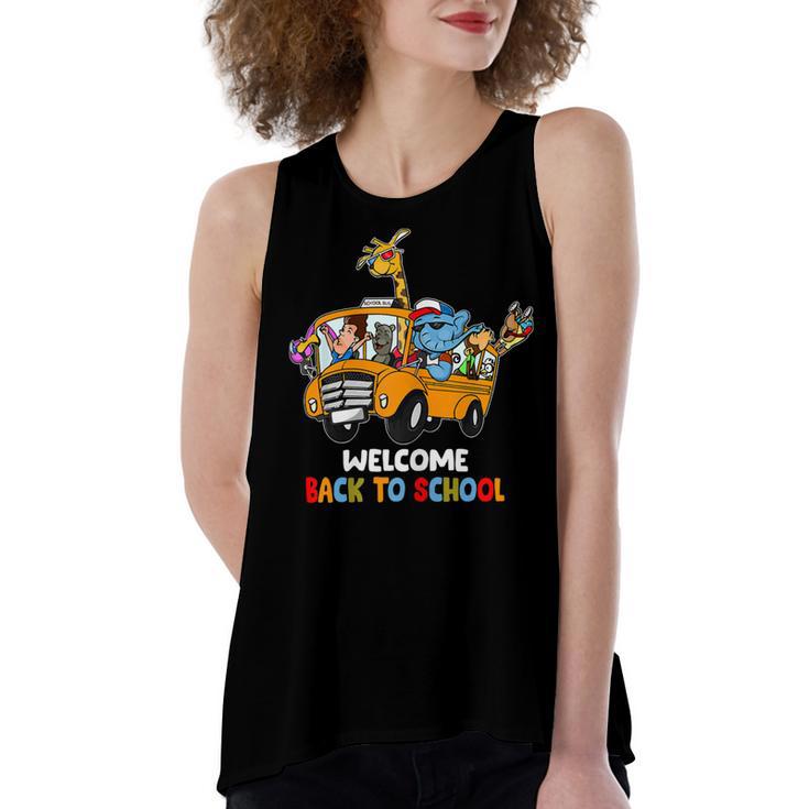 Welcome Back To School Zoo Animal Bus 477 Shirt Women's Loose Fit Open Back Split Tank Top