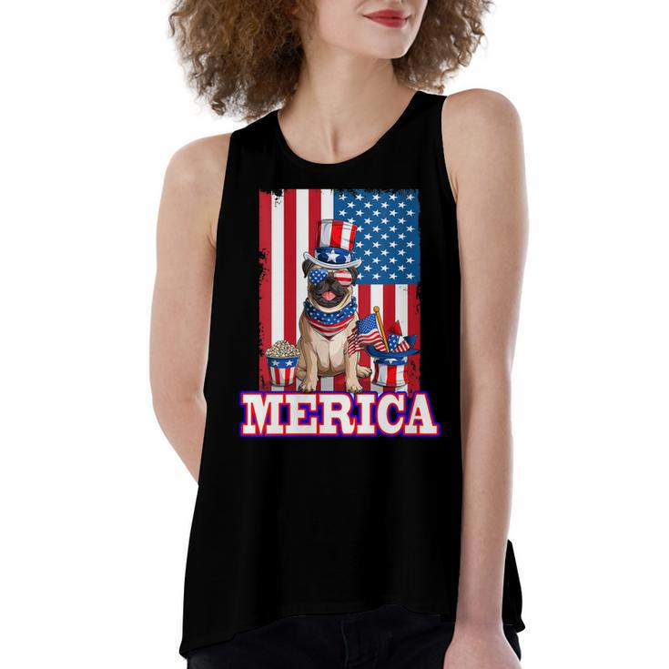Womens Pug Dad Mom 4Th Of July American Flag Merica Dog  Women's Loose Fit Open Back Split Tank Top