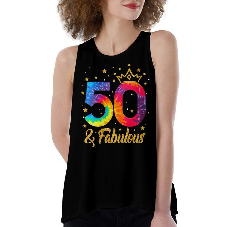 Womens Women 50 & Fabulous Happy 50Th Birthday Crown Tie Dye  Women's Loose Fit Open Back Split Tank Top