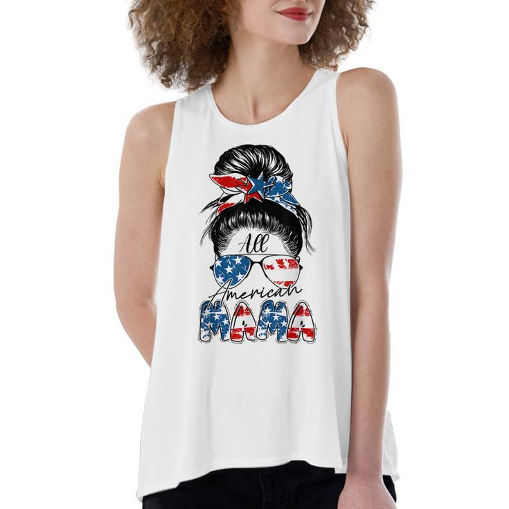 4Th Of July All American Mama Bleached  Messy Bun Funny  Women's Loose Fit Open Back Split Tank Top