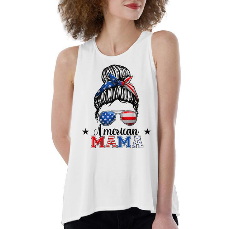 4Th Of July American Mama Messy Bun Mom Life Patriotic Mom  Women's Loose Fit Open Back Split Tank Top