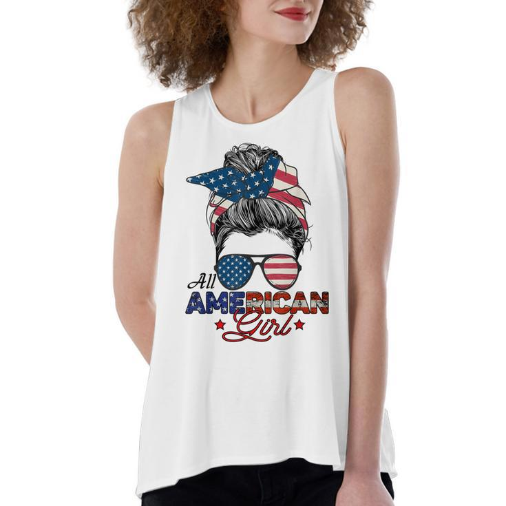 All American Girl 4Th July Messy Bun Us Flag  Women's Loose Fit Open Back Split Tank Top