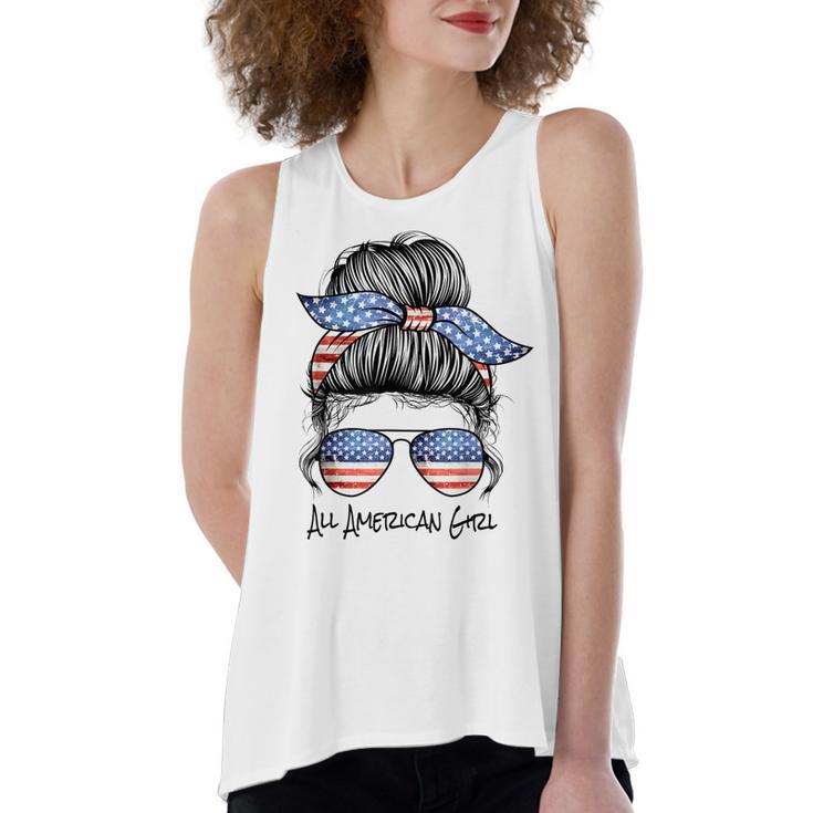 All American Girl Messy Bun American Flag 4Th Of July  Women's Loose Fit Open Back Split Tank Top