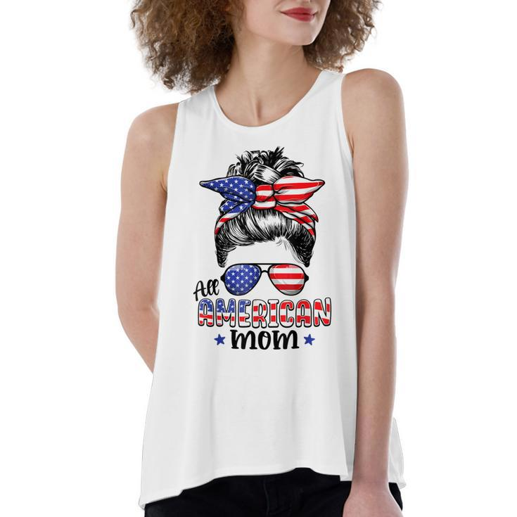 All American Mom Messy Bun Women 4Th Of July Patriotic Mom  Women's Loose Fit Open Back Split Tank Top