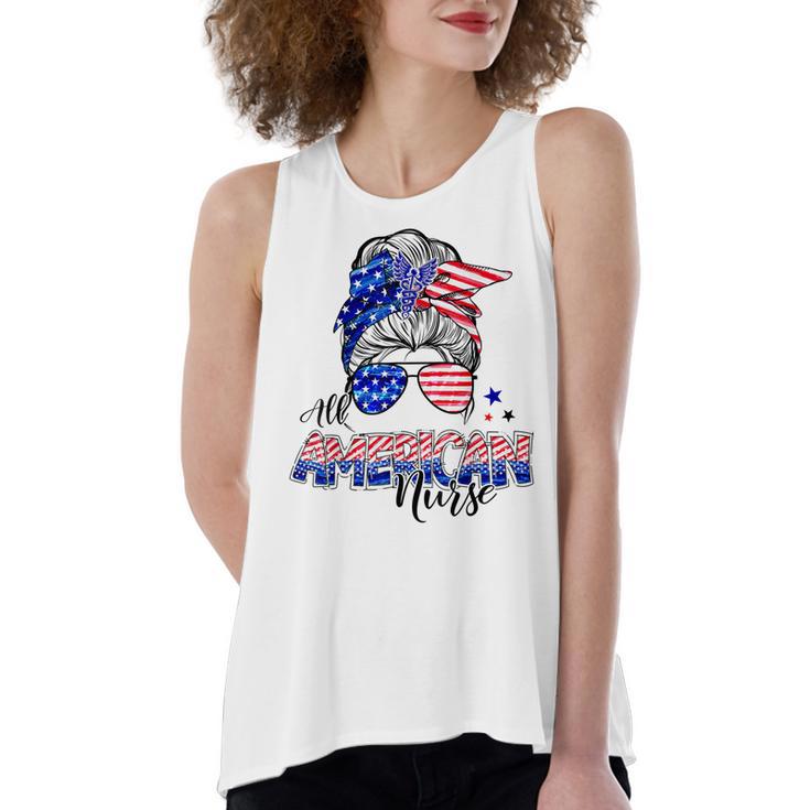 American Flag Patriotic Nurse Messy Bun 4Th Of July Women's Loose Fit Open Back Split Tank Top