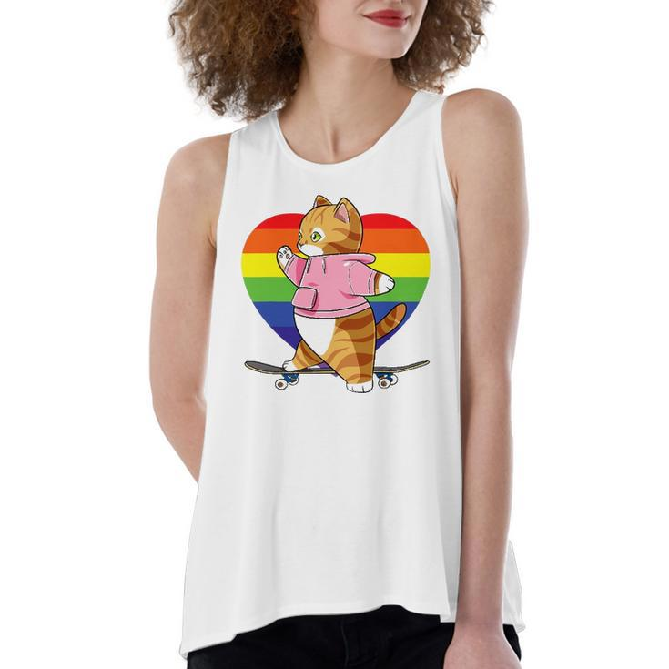 Cute Orange Tabby Cat Skateboarder Rainbow Heart Skater Women's Loose Tank Top
