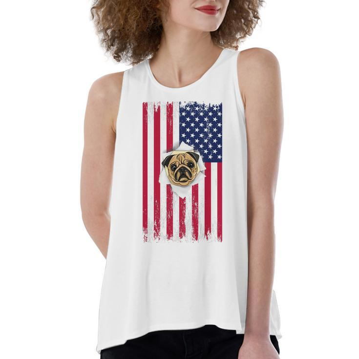 Cute Pug Face & American Flag – 4Th Of July Pug Dad Pug Mom   Women's Loose Fit Open Back Split Tank Top