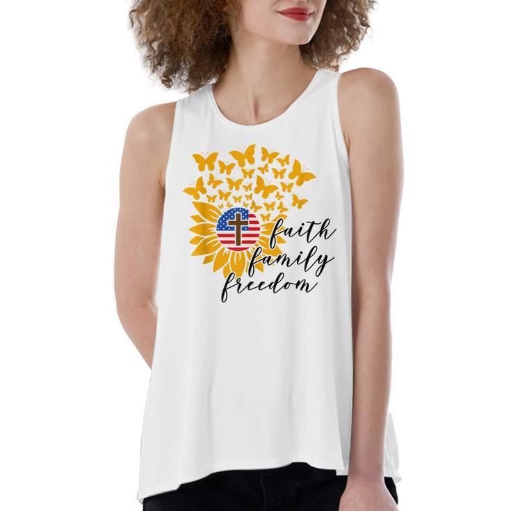 Faith Family Freedom Christian Patriot Sunflower 4Th Of July  Women's Loose Fit Open Back Split Tank Top