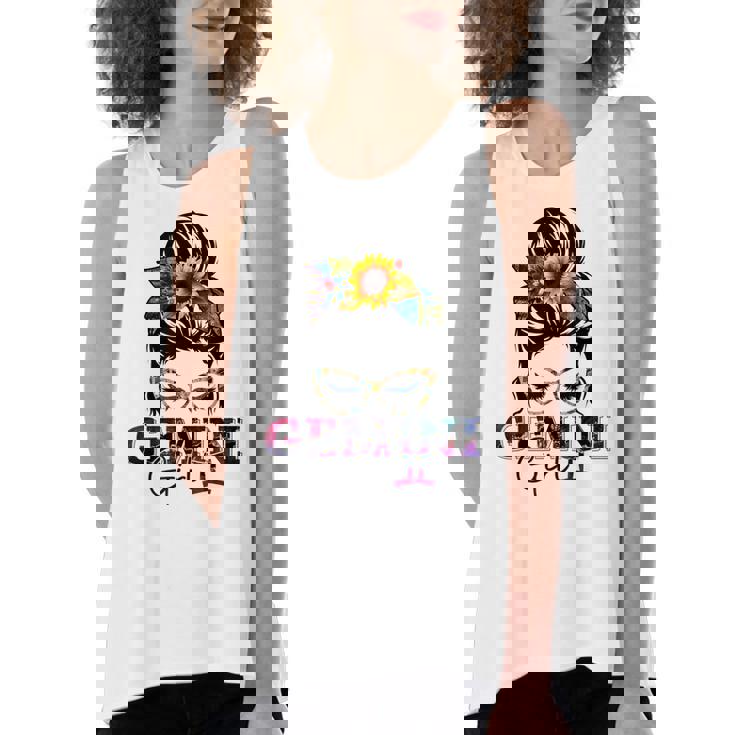 Gemini Girl Birthday Messy Bun Hair Sunflower  Women's Loose Fit Open Back Split Tank Top