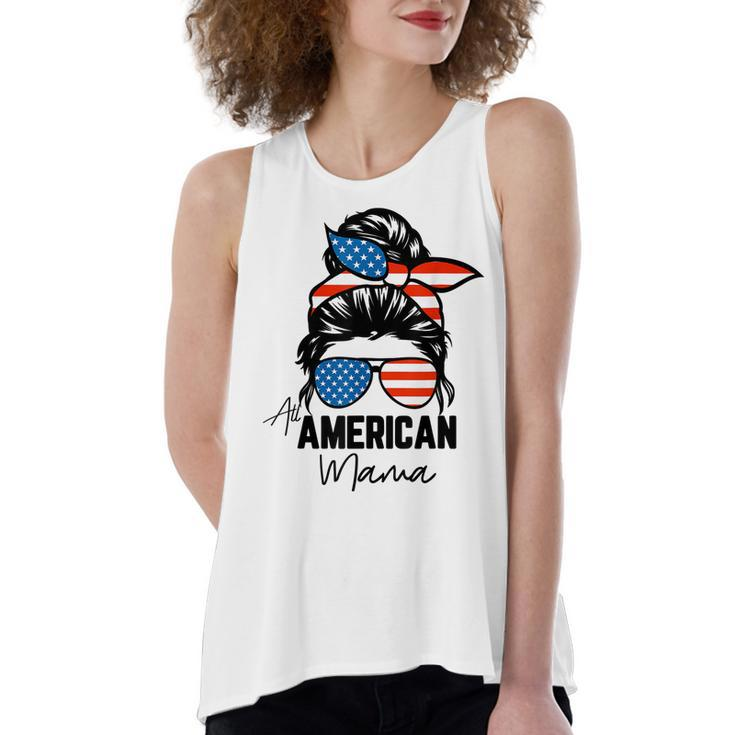 Messy Bun Patriotic  | All American Mama 4Th Of July  Women's Loose Fit Open Back Split Tank Top