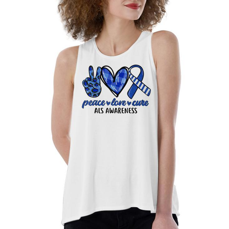 Peace Love Cure Blue & White Ribbon Als Awareness Month  V2 Women's Loose Fit Open Back Split Tank Top