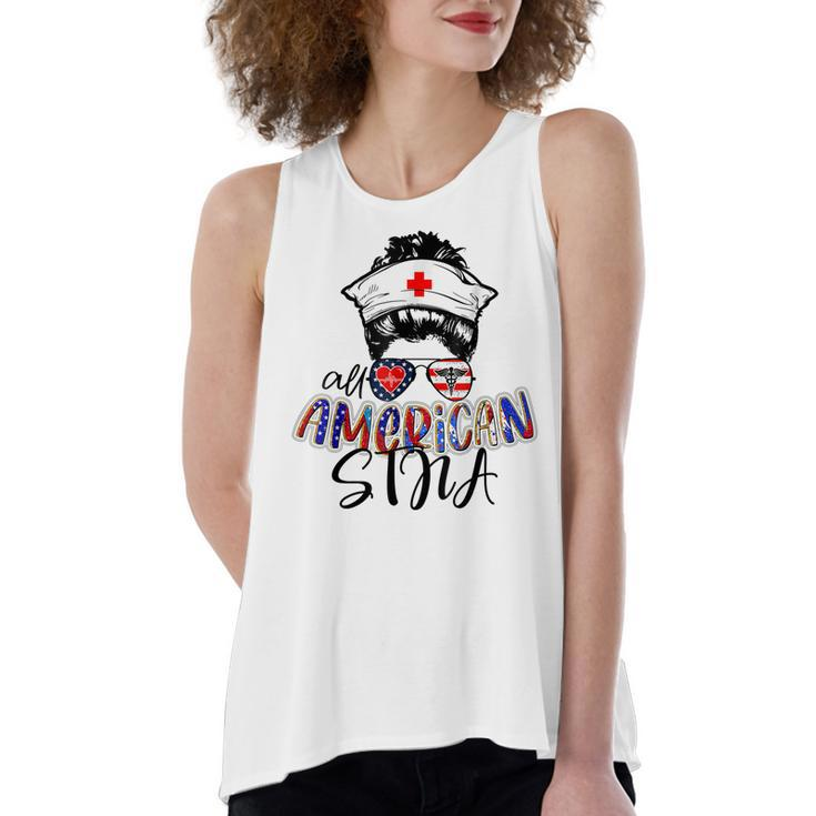Stna All American Nurse Messy Buns Hair 4Th Of July Day Usa  Women's Loose Fit Open Back Split Tank Top