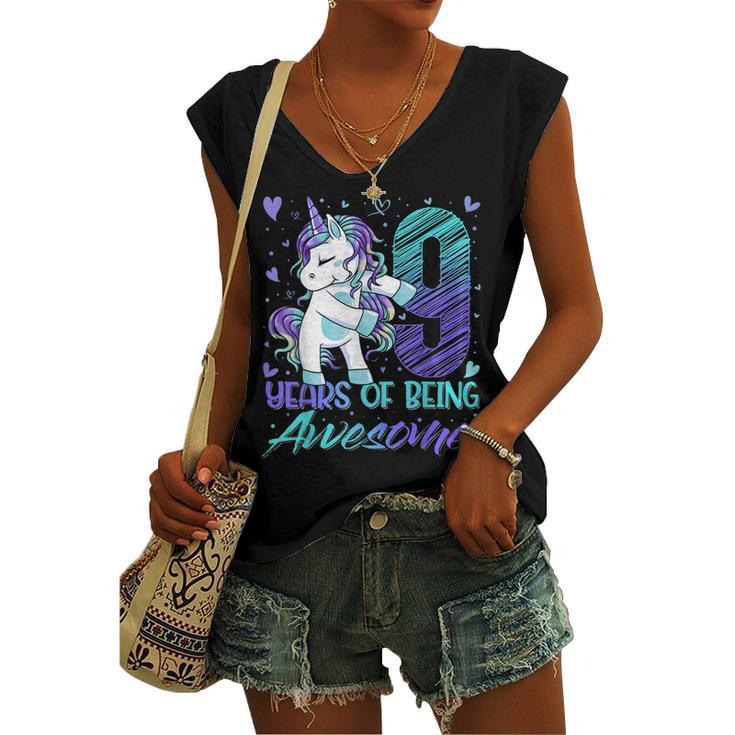 9Th Birthday 9 Year Old Girl Flossing Unicorn Party Women's Vneck Tank Top