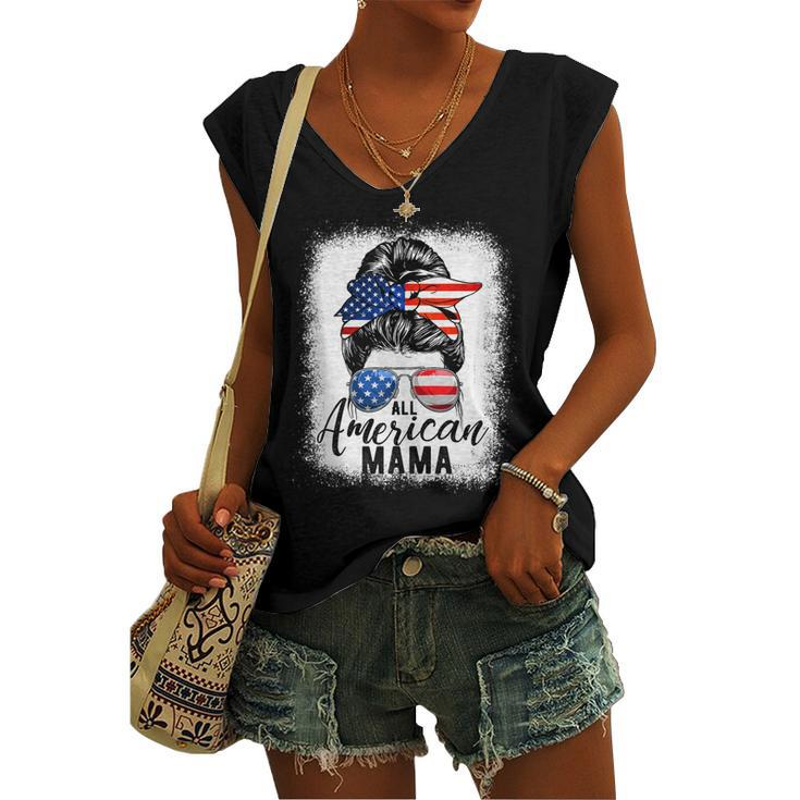 All American Mama Proud Mom Messy Bun Patriotic 4Th Of July Women's Vneck Tank Top
