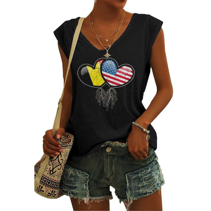Belgian American Flags Inside Hearts With Roots Women's V-neck Tank Top