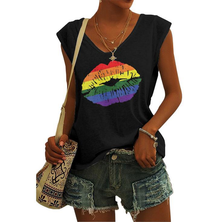 Gay Kiss Rainbow Pride Flag Sexy Lips Proud Lgbt Q Ally Women's V-neck Tank Top