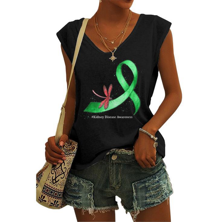Hippie Dragonfly Green Ribbon Kidney Disease Awareness Women's Vneck Tank Top