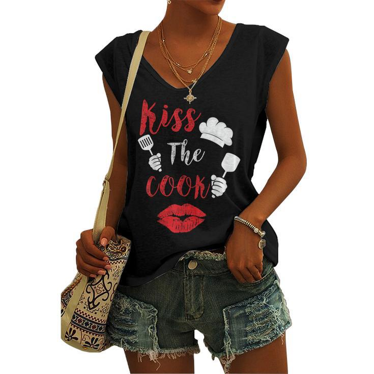 Kiss The Cook Chef Cooking Love Big Red Heart Valentines Day Women's Vneck Tank Top