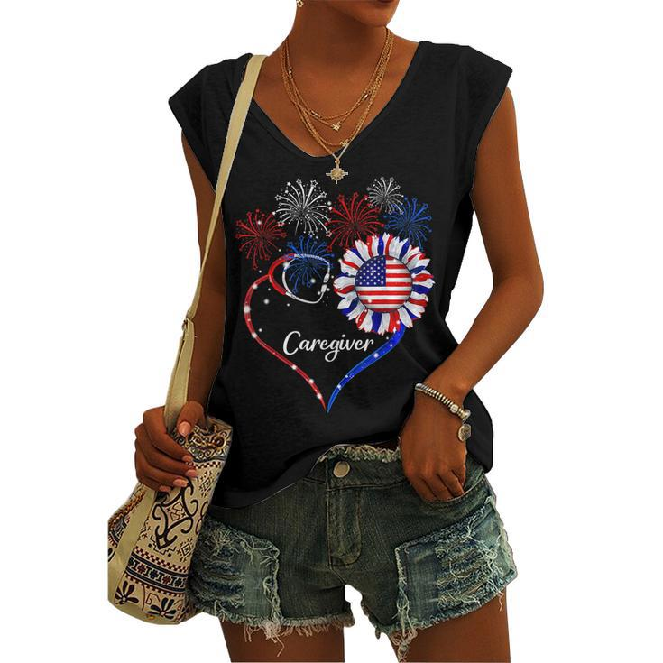 Patriotic Caregiver Sunflower 4Th Of July American Flag Love Women's Vneck Tank Top