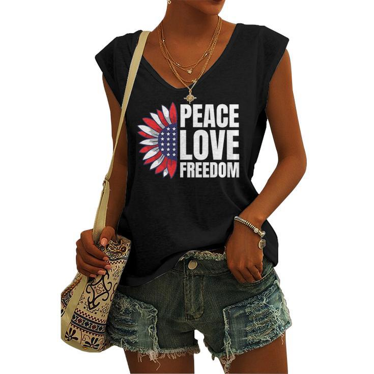 Peace Love Freedom America Usa Flag Sunflower Women's V-neck Tank Top