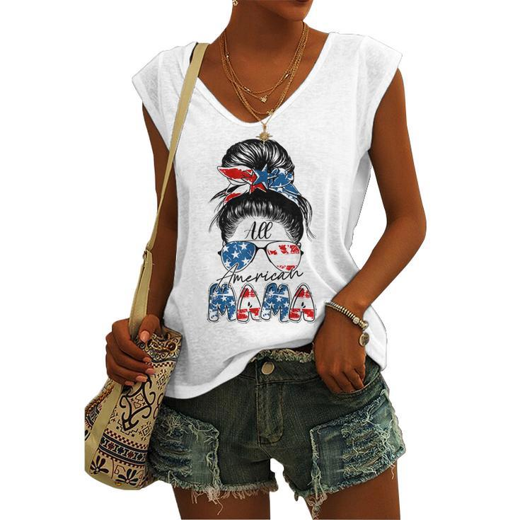 4Th Of July All American Mama Bleached Messy Bun Women's Vneck Tank Top