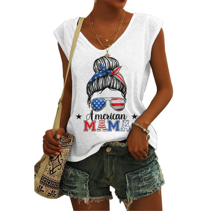 4Th Of July American Mama Messy Bun Mom Life Patriotic Mom Women's Vneck Tank Top