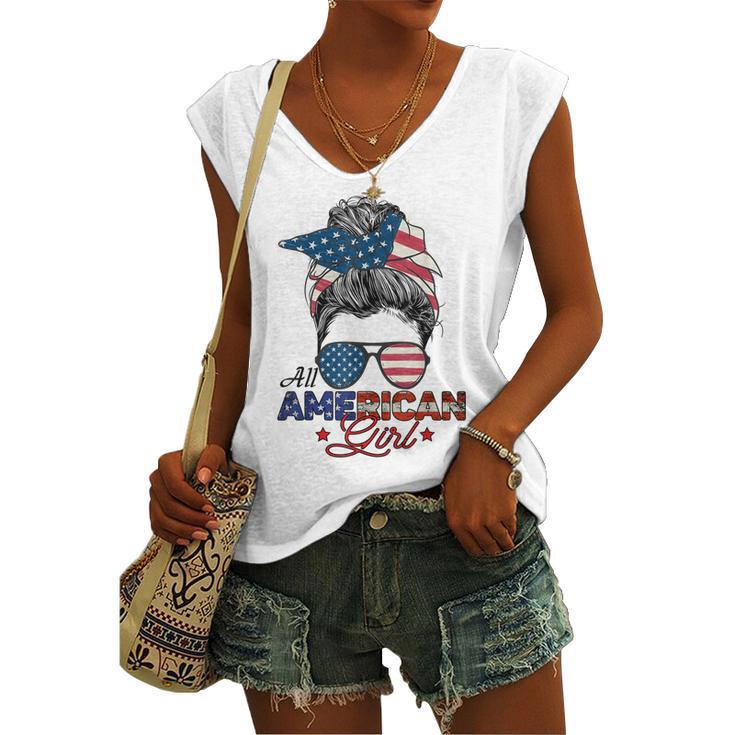 All American Girl 4Th July Messy Bun Us Flag Women's Vneck Tank Top
