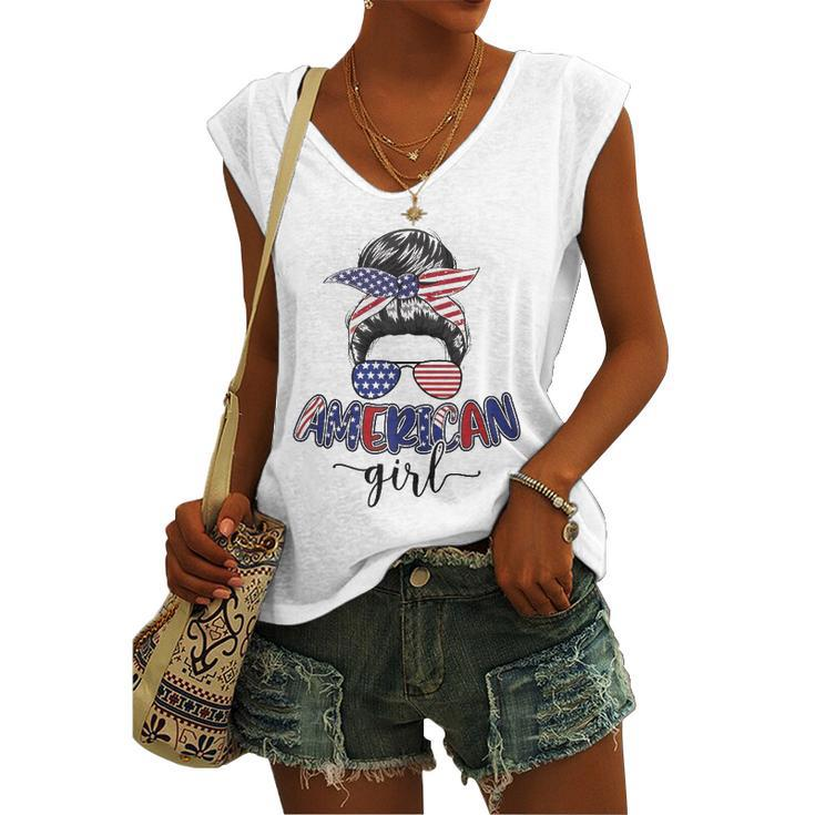 American Girl Messy Bun 4Th Of July Mom Usa Women's V-neck Tank Top