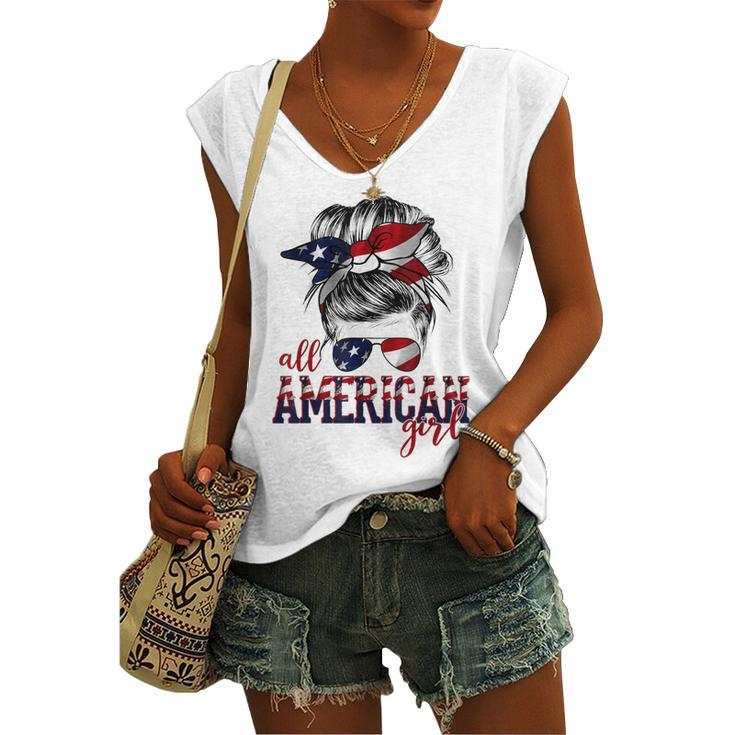 All American Girl Messy Hair Bun Woman Patriotic 4Th Of July Women's Vneck Tank Top