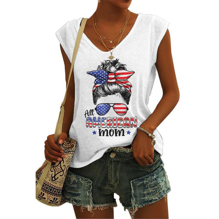 All American Mom Messy Bun Women 4Th Of July Patriotic Mom Women's Vneck Tank Top