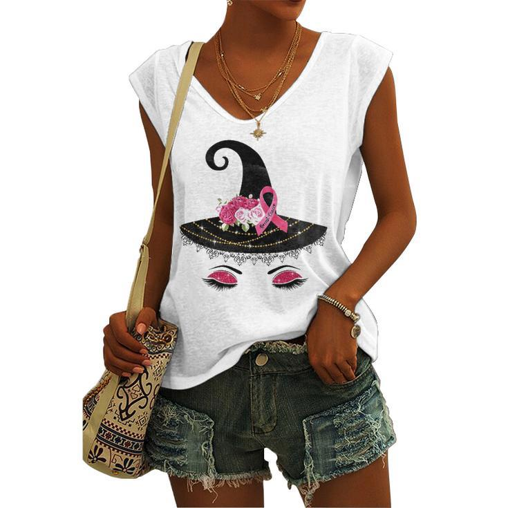 Breast Cancer Witch Hat Pink Ribbon Flower Awareness Month Women's V-neck Tank Top