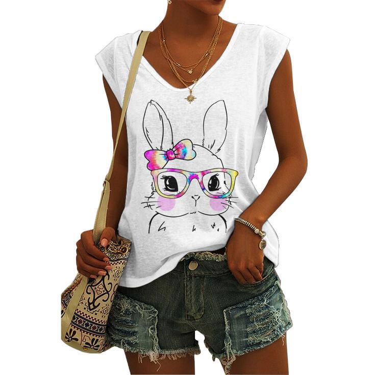 Cute Bunny Rabbit Face Tie Dye Glasses Girl Happy Easter Day Women's V-neck Casual Sleeveless Tank Top