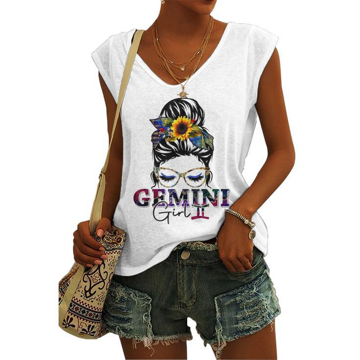 Gemini Girl Birthday Messy Bun Hair Sunflower Women's Vneck Tank Top