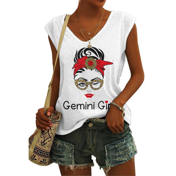 Gemini Girl Leopard Sunflower Zodiac Birthday Girl Women's Vneck Tank Top